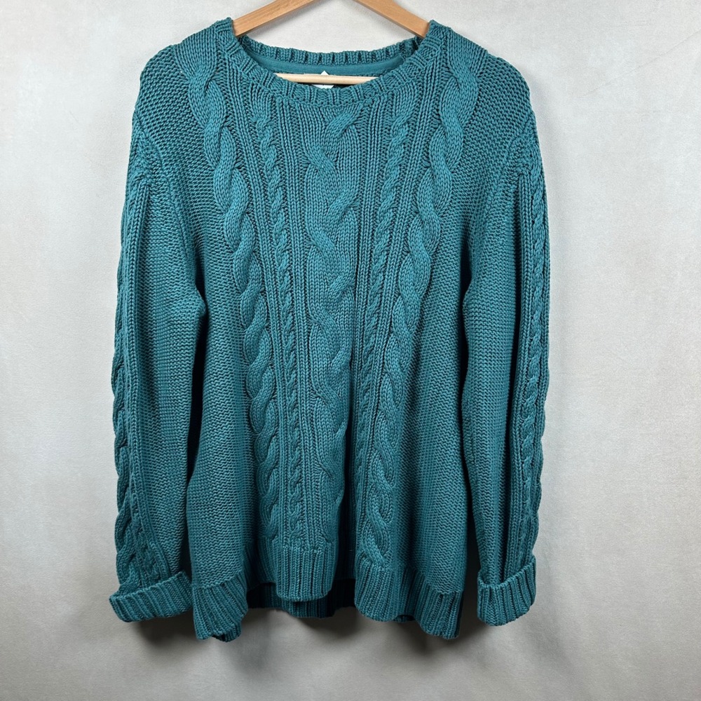L.L. Bean Cable Knit Sweater Womens XL Teal Blue Green Chunky Cotton Pullover